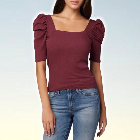 NWT JOE'S JEANS Monica Square-Neck Puff-Sleeve Top Sz XS Zinfandel - Picture 1 of 6